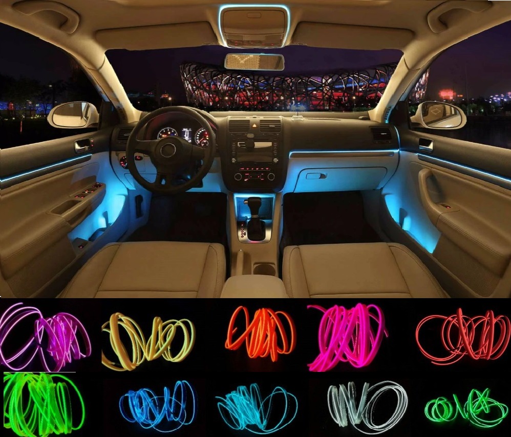 Acheter Lampe néon décorative pour intérieur de voiture, 4 pièces, bleu,  12V, sous le tableau de bord, 3 bandes lumineuses LED