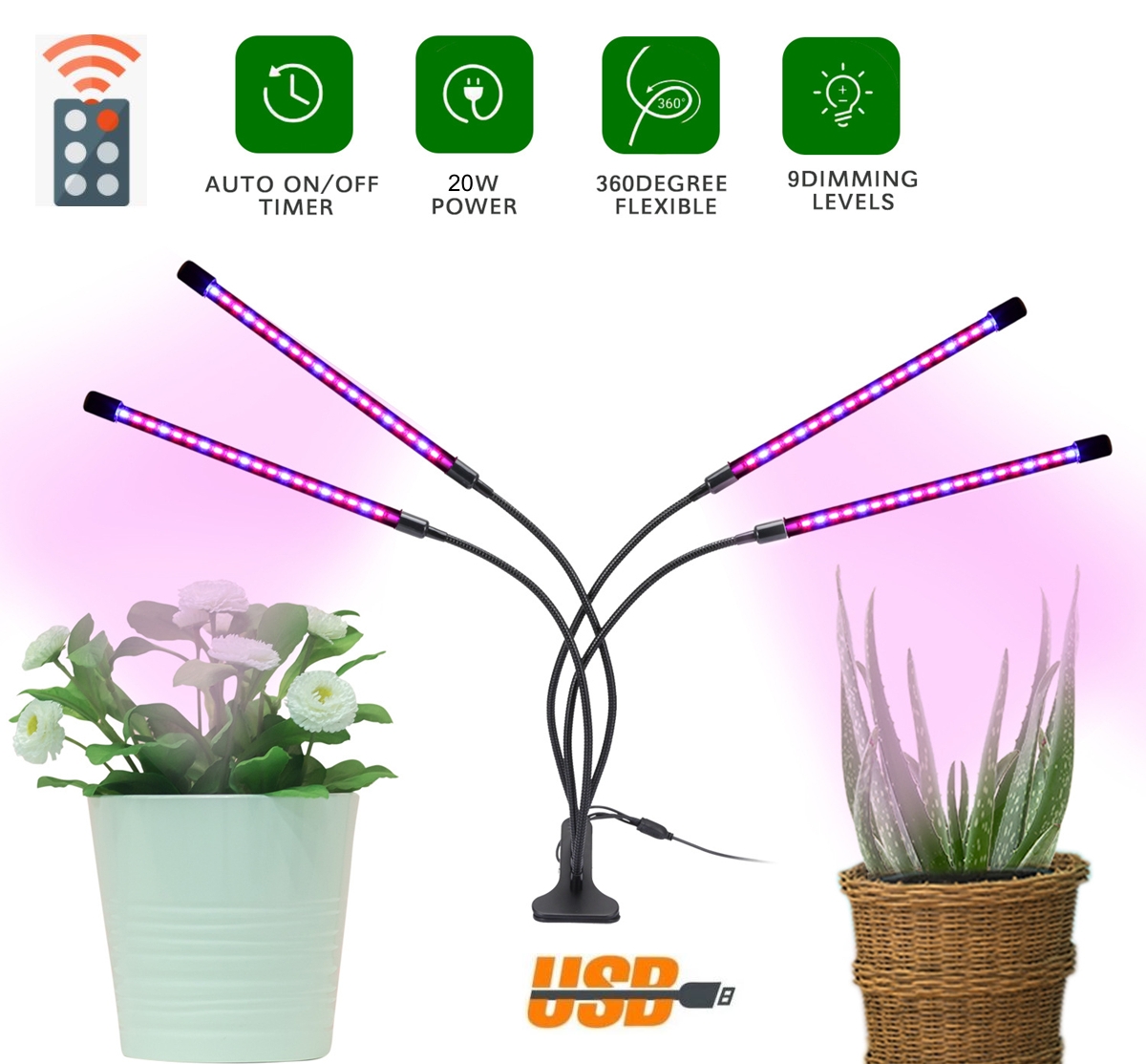 Lampe de culture pour plantes d'intérieur 80W (2x 40W) 2 têtes col de cygne  avec 400x LED
