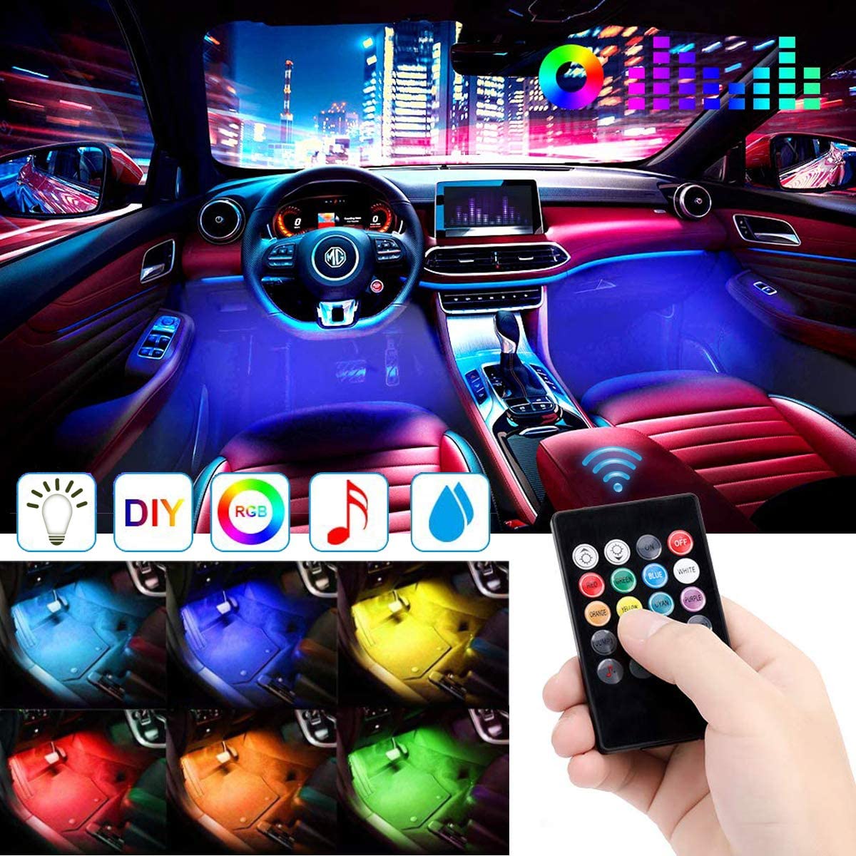 Bandes lumineuses à led pour voiture LED - éclairage intérieur couleur -  4x18 lumières LED RVB + télécommande + capteur de son