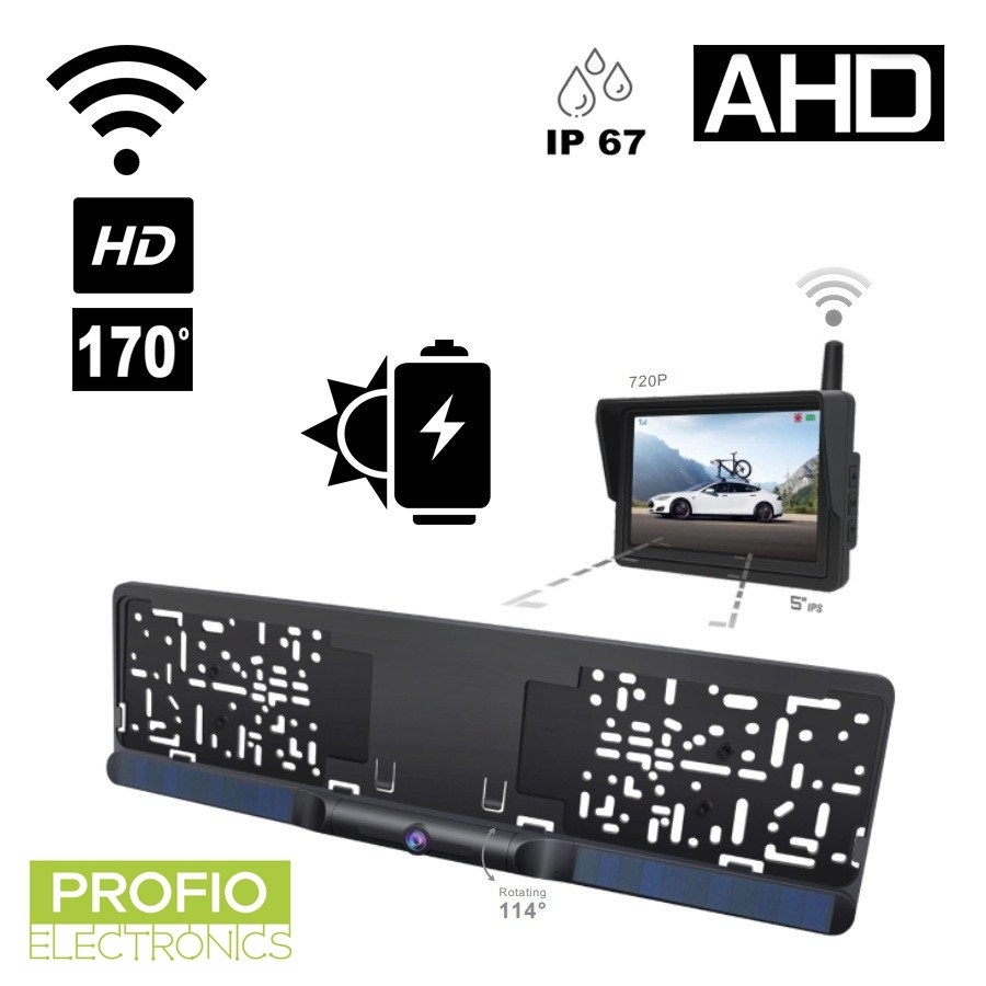 SET - Caméra solaire HD AHD arrière WiFi dans la plaque d'immatriculation  avec angle de 170° + moniteur AHD 5