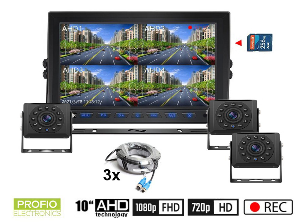 Set de caméras de recul avec enregistrement sur carte SD - 3x caméras AHD  avec 11 LED IR + 1x moniteur hybride 7 AHD