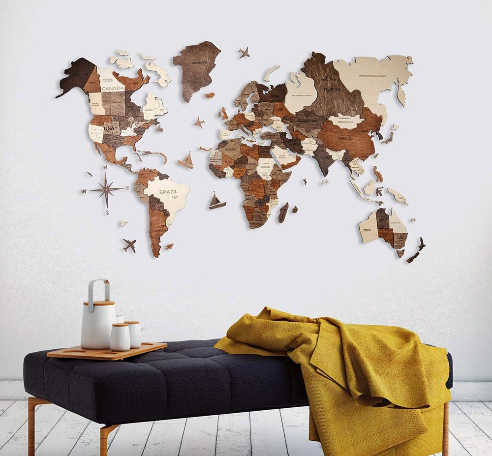 Carte du monde en bois 3D, carte marron et blanc du monde, carte du monde  en bois, carte du monde 3D colorée - AliExpress