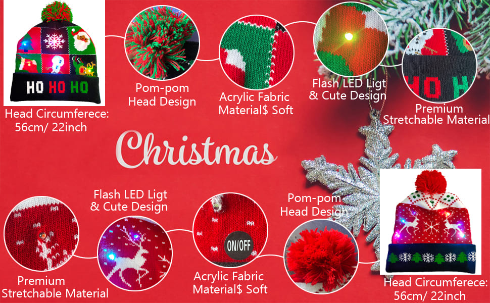 Bonnets de Noël pour l'hiver avec divers motifs (designs) éclairés par LED
